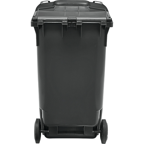 Contenedor de basura gris con tapa y ruedas. Vista frontal.