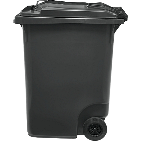 Contenedor de basura gris con tapa y ruedas. Plástico.