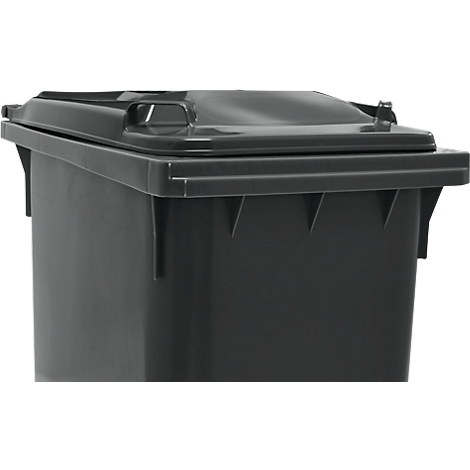 Contenedor de basura negro con tapa; primer plano. Rectangular con esquinas robustas.