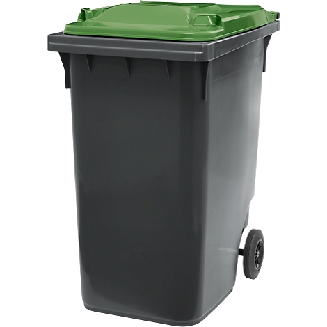 Un contenedor de basura gris con una tapa verde. El contenedor tiene ruedas.