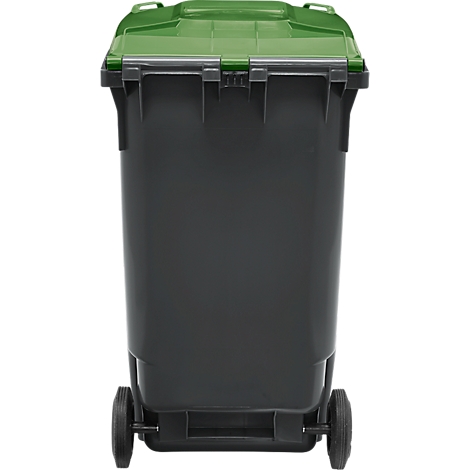 Contenedor de basura gris con tapa verde y ruedas. Vista frontal.