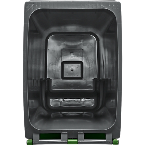 Vista superior de un contenedor rectangular gris. El interior está estructurado, con un hueco cuadrado en el centro y una base verde.