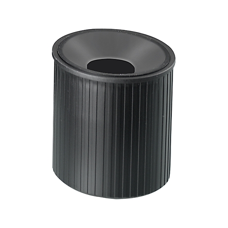 Black trash can with a ribbed surface and funnel-shaped opening.