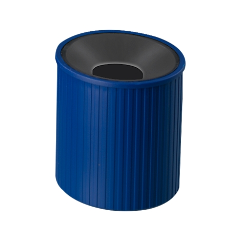 Blue ribbed trash can, with a black funnel-shaped interior.