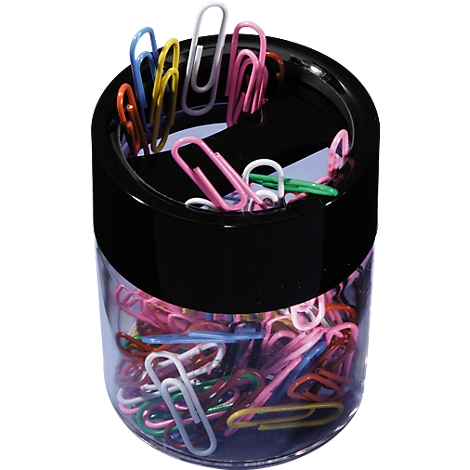 Cylindrical container with colorful paper clips. Some stand upright, the rest lie inside.