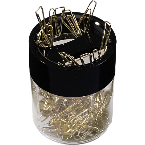 Clear glass jar with gold paper clips, black lid.