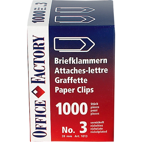 Box of paper clips with text: Paper clips 1000 pieces.