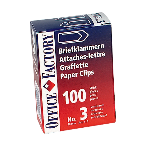 A box of paper clips from the Office Factory brand. Prints: 100 pieces, size 28 mm.
