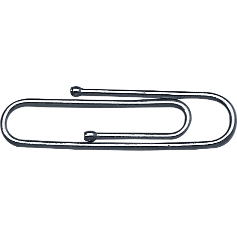 A silver paperclip, made of metal, with rounded ends.