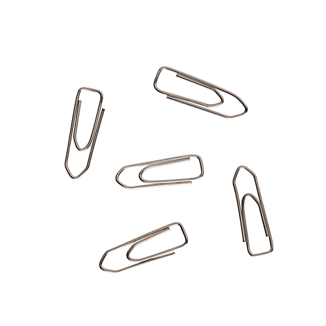 Five paper clips are scattered on a white background.