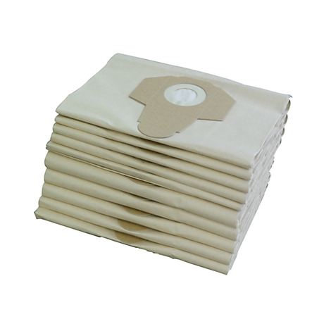A stack of new vacuum cleaner bags, beige and made of paper, with brown paper attachments.
