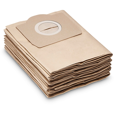 A stack of new paper vacuum cleaner bags. The top bag shows a round cutout for the connection.