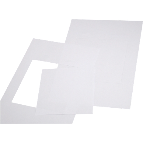 Various white passe-partouts and pieces of paper arranged against a white background. A rectangular cutout is visible.
