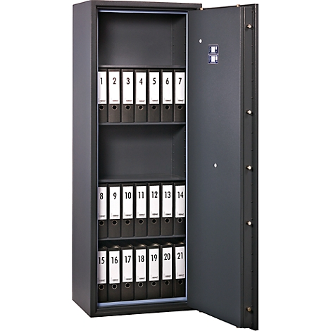 Open safe cabinet with numbered file folders, numbered from 1 to 21. Safe door is open.