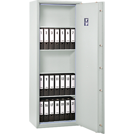 An open safe filled with numbered files.