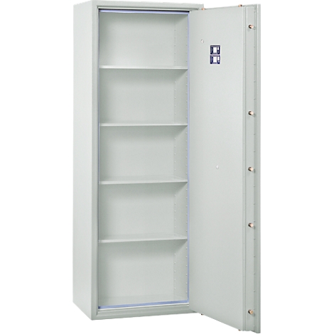 Open, gray safe with shelves. The door is half open, the lock visible.