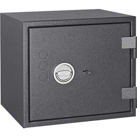 Dark grey safe with a round lock and three buttons on the left. The safe is locked.