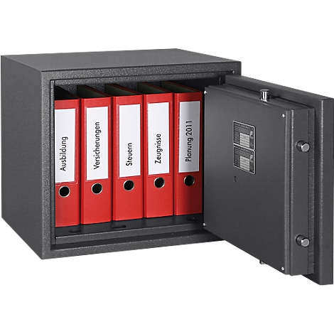 An open grey safe with red folders labeled 'Ausbildung' and 'Versicherungen'.