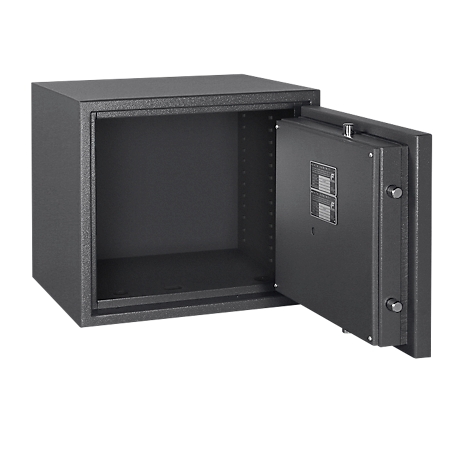 An open, grey safe. The door is open, revealing the empty interior.