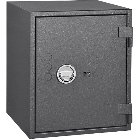 Grey safe with a round handle and a keyhole.