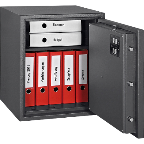 Open, grey safe with binders labeled Finance, Budget, Planning, Insurance, Education, Certificates, Taxes.
