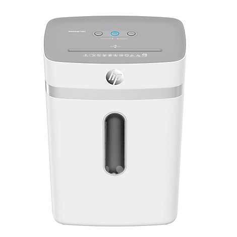 White paper shredder with grey lid. Viewing window for fill level. Buttons on top and HP logo.