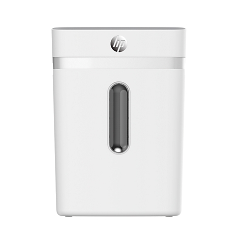 White paper shredder with HP logo. Viewing window to check the fill level.