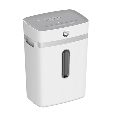 White paper shredder with gray top and HP logo.