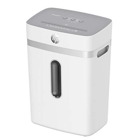 White HP shredder with gray accents, featuring HP logo and control buttons.