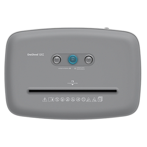 Gray paper shredder, top: 'OneShred 12CC', three buttons, an inlet slot. Icons below.