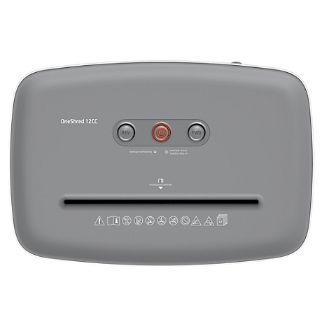 Grey paper shredder with control buttons. "OneShred 12CC" is written on top.
