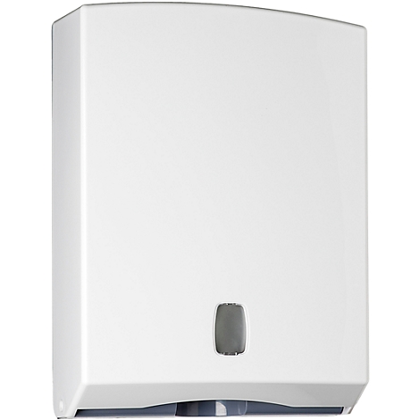 White paper towel dispenser with rounded top. Paper towels are visible below the gray button.