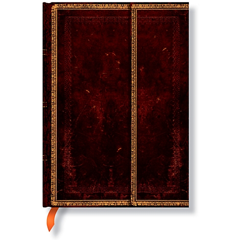Closed, dark red leather book with a gold frame. An orange bookmark is protruding.