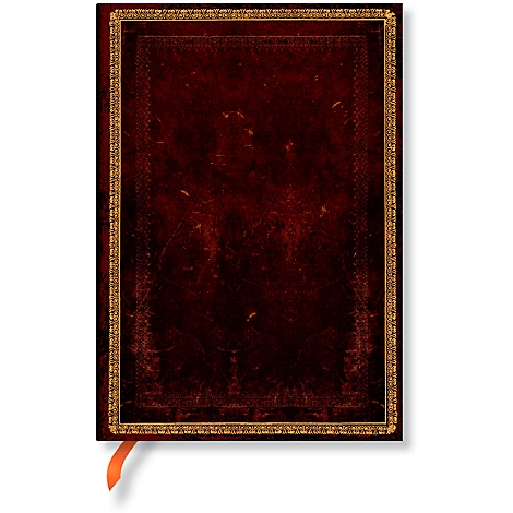 A closed, red notebook with a gold frame and an orange bookmark.