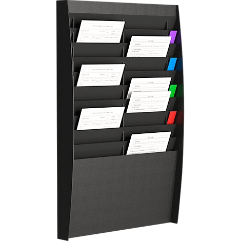 Black wall card holder with white cards and colored tabs.