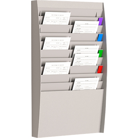 Gray wall brochure holder with inserted papers, colored tabs.