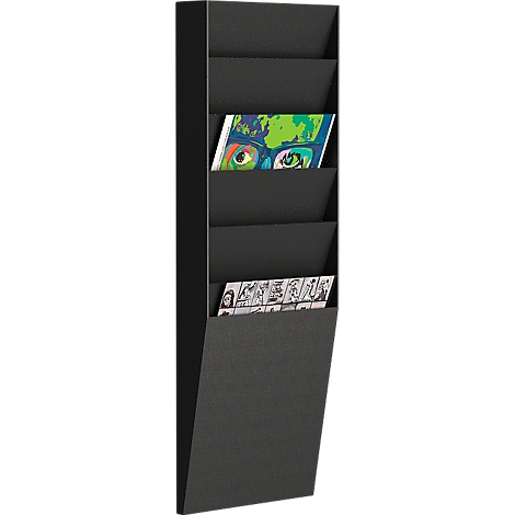 Black wall magazine holder, filled with magazines and brochures.