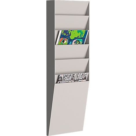 Gray wall magazine rack with magazines and books. Two magazines are visible.