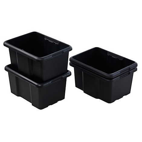 Drei schwarze Kunststoffboxen: Zwei gestapelt, eine daneben.