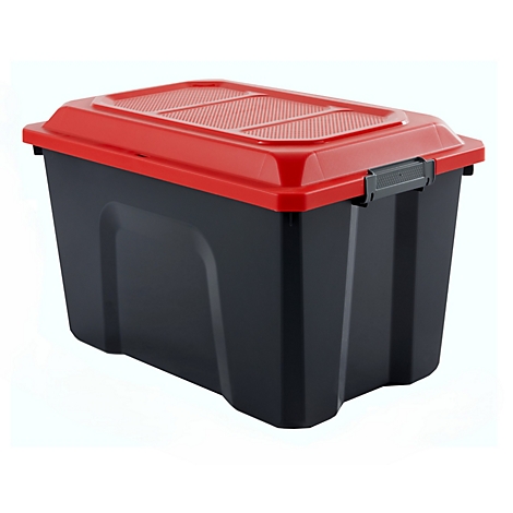 Schwarze Aufbewahrungsbox mit rotem Deckel. Maße: 36,5 cm hoch, 58 cm breit, 38,5 cm tief. Mit Verschluss.