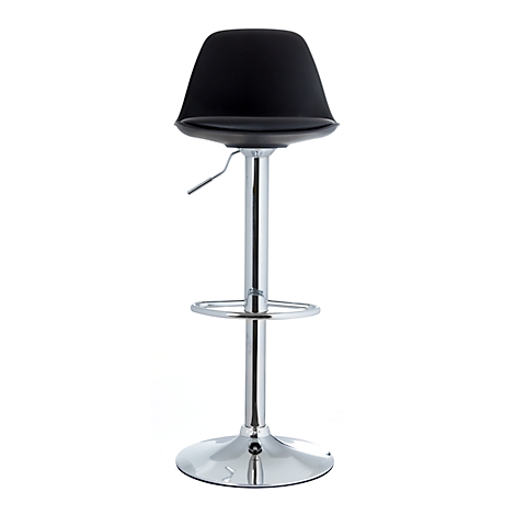 Black bar stool with chrome frame. Seat is oval. Footrest and round foot.