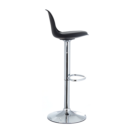 Black bar stool with a chrome frame, round base and footrest. The chair is shown from the side.