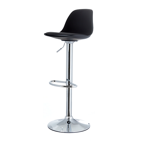 Black bar stool against a white background. The seat and backrest are made of black plastic, the frame is polished metal.
