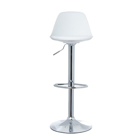 A white bar stool stands against a white background. The stool has a round seat and a chrome foot.