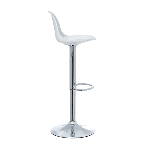 White bar stool with curved backrest, chrome frame and footrest. Stands on a white background.