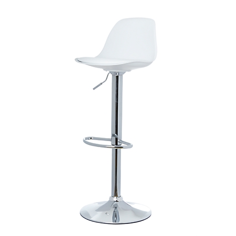 White bar stool on a chrome base. The seat has an ergonomic shape.