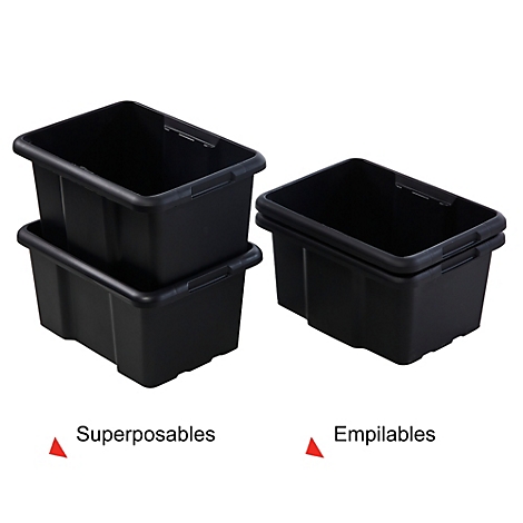 Plusieurs boîtes en plastique noir : Deux boîtes sont empilées l'une sur l'autre, à côté d'une autre boîte. En dessous, on peut lire "Superposables" et "Empilables".