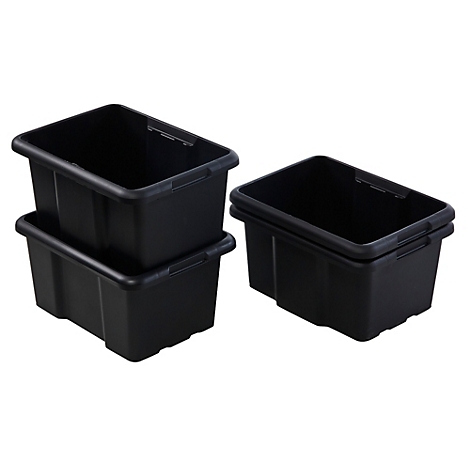 Boîtes de rangement en plastique noir : deux empilées l'une sur l'autre, deux à côté. Étiqueté : Superposables, Empilables.