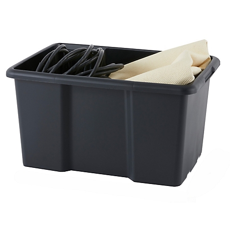 Boîte en plastique foncé avec dimensions, remplie d'objets.
