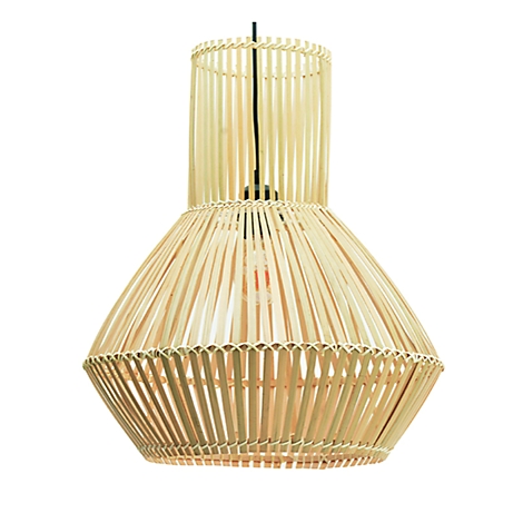Pendelleuchte aus Bambus, längliche Form. Helles Holz, schwarzes Kabel.